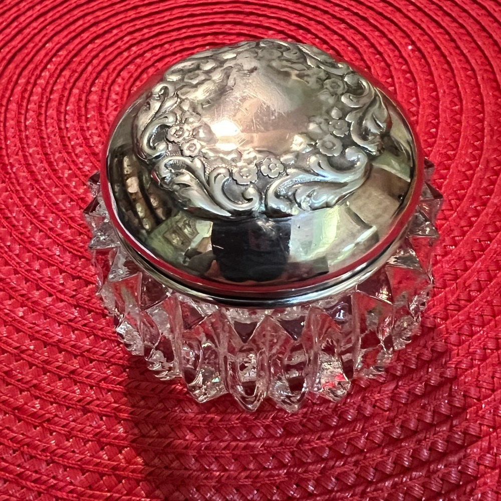 Crystal Decorative Jar Vintage Cut Crystal Glass Sterling Silver Lid